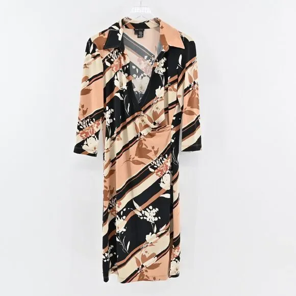 BCBGMAXAZRIA Dress Sz L Brown Stripe Floral Collared Faux Wrap Long Sleeve Midi - Picture 2 of 12